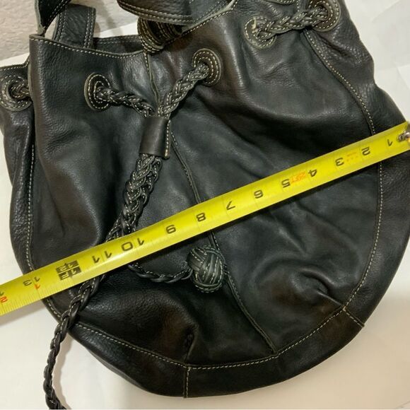 Fossil Black Leather Bucket Bag Braided Drawstring Shoulder Strap white stitches - Picture 15 of 16